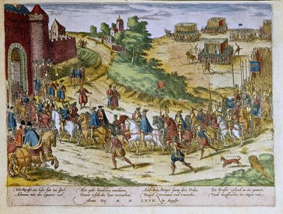 Wjazd księcia Ferdynanda Alvare z Toledo lub Fernando Alvarez de Toledo y Pimentel (1508-1582), 3. księcia Alba de Tormes, do Brukseli 08.08.1567 r. wraz z armią hiszpańską. 1653 Druk Franza Hogenberga (1535-1590) Gabinet Druków, B.N., Paryż. autorstwa Franz (after) Hogenberg
