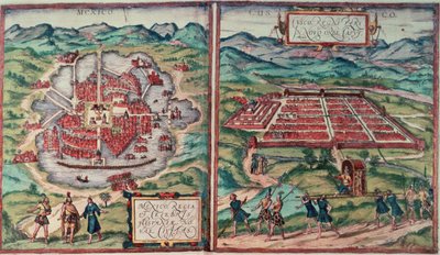 Plany miasta Meksyk, Meksyk i Cusco, Peru, z „Voyage Pittoresque” Carla Nebla (kolorowe grawerowanie) (patrz 141102) autorstwa Franz (after) Hogenberg
