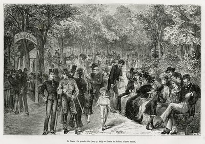 Prater: wspaniały chodnik. Rycina Kollarza, ilustrująca historię Wiednia i jego przedmieść, autorstwa M. Newlińskiego, w 1881 r., opublikowana w Tour du monde, pod kierunkiem Edouarda Chartona (1807-1890) autorstwa Franz (after) Kollarz