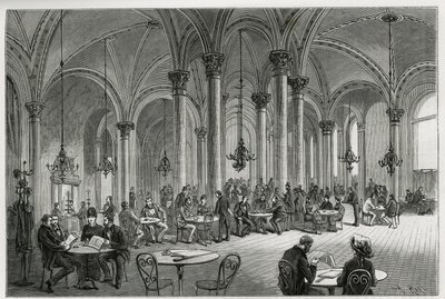 Centralna kawiarnia w Wiedniu (Austria). Rycina Kollarza, ilustrująca historię Wiednia i jego przedmieść, autorstwa M. Newlińskiego, w 1881 r., opublikowana w Tour du monde, pod kierunkiem Edouarda Chartona (1807-1890) autorstwa Franz (after) Kollarz