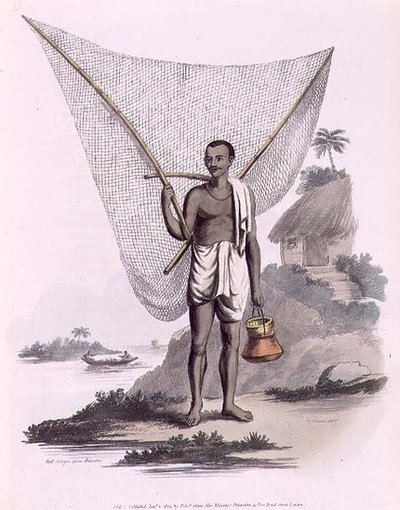 Indyjski rybak, ryty przez Thomasa Vivaresa (ok.1735-90) wyd. przez Edwarda Orme autorstwa Franz Balthazar (after) Solvyns