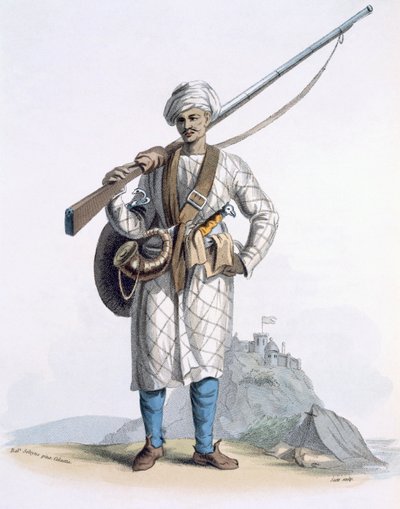 Behaleea lub hinduski żołnierz, z „Kostiumy Indii” E. Orme, 1804 (kolorowa akwaforta) autorstwa Franz Balthazar Solvyns