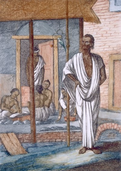 Kantor w jego sklepie, jego urzędnik rejestrujący transakcje i papużkę, z „Hindusi, czyli opis ich manier, kostiumów i ceremonii”, ok. 1808-12 (kolorowa akwaforta) autorstwa Franz Balthazar Solvyns