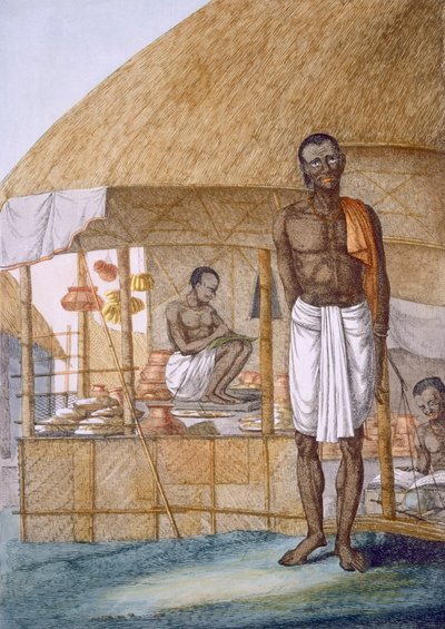 Sklepikarz sprzedający garnki, banany i ziarna, z "The Hindus, or the Description of their Manners, Costumes and Ceremonies", ok. 1808-12 (akwaforta barwna) autorstwa Franz Balthazar Solvyns