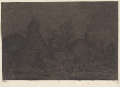 Scena księżyca z postaciami przed chatą XII Vues de la Normandie (tytuł serii) autorstwa Franz Edmund Weirotter