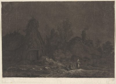Scena księżyca z postaciami przed chatą XII Vues de la Normandie (tytuł serii) autorstwa Franz Edmund Weirotter
