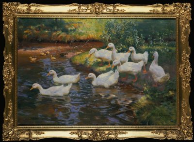 Rodzina kaczek (kaczki z pisklętami na brzegu potoku) autorstwa Franz Grassel