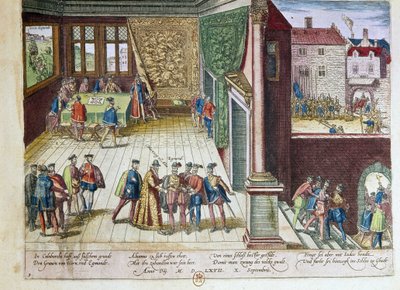 Aresztowanie Lamorala, hrabiego Egmont (1522-1568) i Filipa de Montmorency (1524-1568), hrabiego Hornes (Hoorn) za ich sprzeciw wobec króla Hiszpanii Filipa II (1527-1598). Zostaną wykonane w 1568 (prawy górny róg) 1653 Drukuj przez F autorstwa Franz Hogenberg