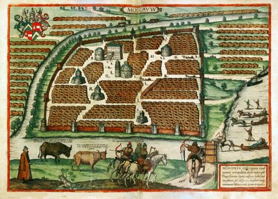 Mapa Moskwy (Rosja) - Praca Fransa Hogenberga (1535-1590), rycina i akwarela wydobyte z Civitates orbis terrarium autorstwa Franz Hogenberg