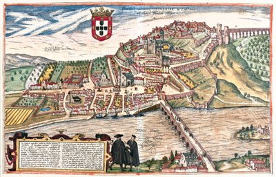 Coimbra, Portugalia. Dwóch naukowców widzianych w uczonej dyskusji na pierwszym planie czyni dalsze wizualne odniesienia do uniwersytetu (grawerowanie autorstwa Franz Hogenberg
