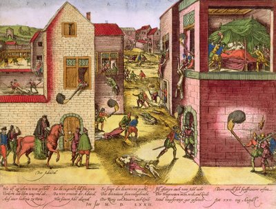 Śmierć admirała Gasparda II de Coligny (1519-72) w czasie masakry św. Bartłomieja w 1572 r. (zob. 158612 dla bw) autorstwa Franz Hogenberg