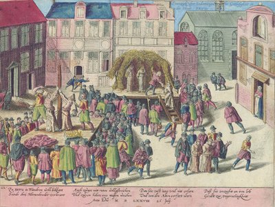Egzekucja w Brugii przez spalenie trzech braci za sodomię, 28 czerwca 1578 autorstwa Franz Hogenberg