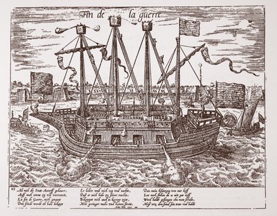 „Fin de la Guerre”, okręt wojenny zbudowany dla Zjednoczonych Prowincji, 1585 autorstwa Franz Hogenberg