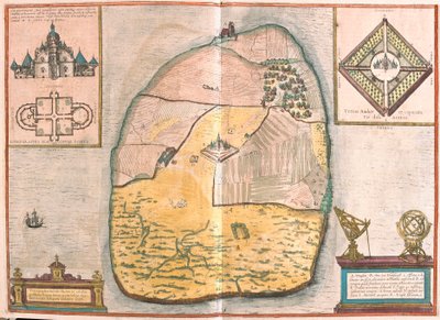 Wyspa Ven i Uranienborg, pałac i obserwatorium Tycho Brahe znajdujące się na tej wyspie, w Sund (rycina autorstwa Franz Hogenberg