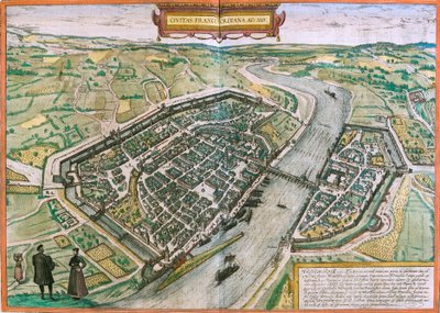 Mapa Frankfurtu (Francofordia), Niemcy (akwaforta autorstwa Franz Hogenberg