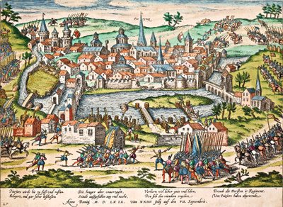 Papistai apgulė Puatjė, 1569 m. liepos mėn., Franzo Hogenbergo (1535-1590) graviūra, religijos karai, Francepoli autorstwa Franz Hogenberg