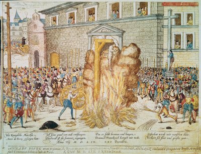 Wojna religijna: egzekucja francuskiego sędziego protestanckiego Anne du Bourg (1521-1559) w dniu 23.12.1559 na Place de Greve w Paryżu” autorstwa Franz Hogenberg