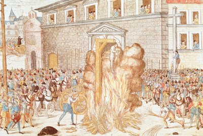 Egzekucja sędziny Anne du Bourg skazana na powieszenie, a następnie spalenie zwłok, 23 grudnia autorstwa Franz Hogenberg