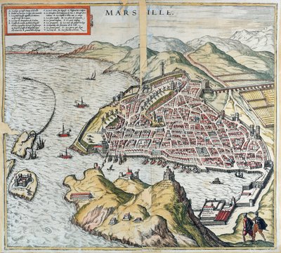 Widok Marsylii w XVI wieku, u dołu po lewej stronie szpital dla trędowatych, z „Le Théâtre du Monde” Georga Brauna, 1599 autorstwa Franz Hogenberg