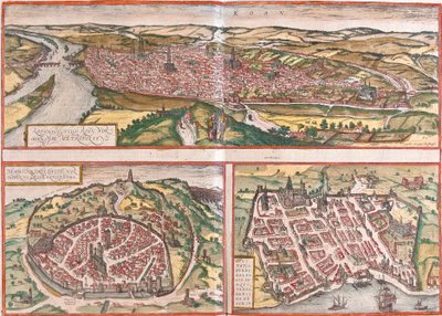 Widok na Rouen (Rotomagus), Nimes (Nemausus) i Bordeaux (Burdigala), Francja (akwaforta). autorstwa Franz Hogenberg