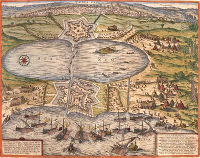 Widok na Tunis (Tunes), Tunezja, z fortecą Goulette (Guleta Arx), która kontroluje dostęp do jeziora Tunis i nową fortecą (nova arx) przed murami miasta (akwaforta autorstwa Franz Hogenberg