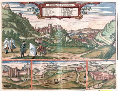 Widok na Alhambrę z miastem Granada, Hiszpania: na górze widok na Alhambrę na wzgórzu Cerro del Sol. Widok na dole po lewej pokazuje zamknięte drzwi Alhambry. W centrum znajdują się ujścia jaskiń Masmoros. Duża struktura w prawym dolnym rogu autorstwa Franz Hogenberg