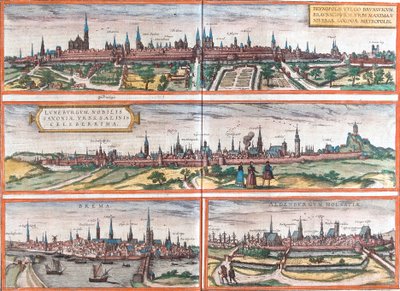Widoki na Brunszwik (Brusvicum), Lüneburg (Loneburgum), Breme (Brema) i Oldenburg (Aldenburgum), Niemcy (akwaforta autorstwa Franz Hogenberg