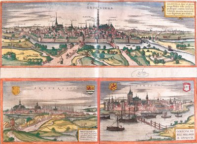Widoki Groningen (Groeninga), Brouwershaven (Broversavia) i Gorinchem (Goricum), w Holandii (akwaforta autorstwa Franz Hogenberg