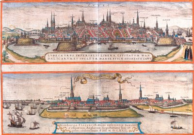 Widoki Lubeki (Lubeca) i Hamburga (Hamburga), Niemcy (akwaforta) autorstwa Franz Hogenberg