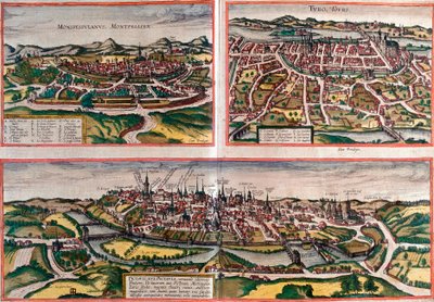 Widoki Montpellier (Monspessulanus), Tours (Turo) i Poitiers (Pictavis), Francja (akwaforta autorstwa Franz Hogenberg