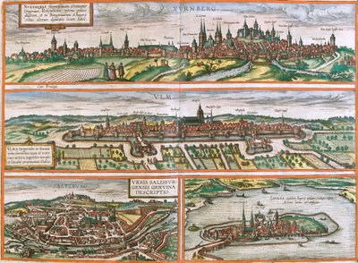Widoki Norymbergi (Nurnberga), Ulm (Ulma), Lindau (Lindola), Niemiec i Salzburga (Salisburgensis) w Austrii (akwaforta autorstwa Franz Hogenberg
