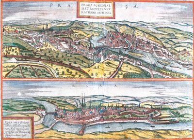 Widoki Pragi (Praga) i Egry w Czechach (akwaforta autorstwa Franz Hogenberg