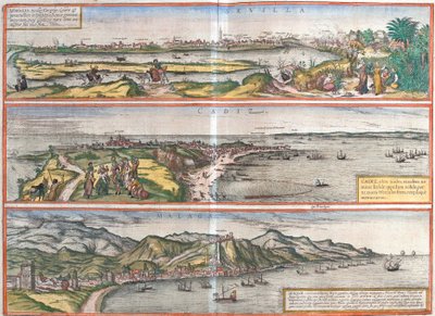 Widoki Sewilli (Sevilla), Cadiz (Cadiz) i Malagi w Hiszpanii (akwaforta) autorstwa Franz Hogenberg