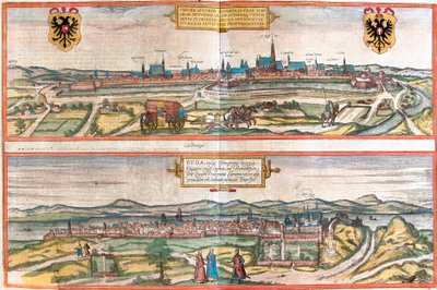 Widoki na Wiedeń (Wiedeń), Austrię i Budapeszt (Buda), Węgry (akwaforta) autorstwa Franz Hogenberg