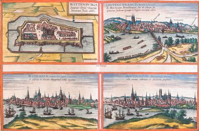 Widoki na Wittenburg (Wittenburga), Frankfurt (Francfordiensis), Wismar (Wismaria) i Rostock (Rostochium), Niemcy (akwaforta autorstwa Franz Hogenberg