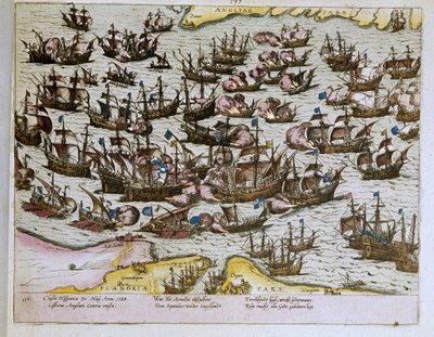klęska niezwyciężonej hiszpańskiej Armady nad brzegami angielskimi 08.08.1588, ilustracja z 1653 r. (rycina) autorstwa Franz Hogenberg