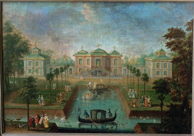 Życie dworskie w parku pałacu Augustusburg wokół Domu Indyjskiego, widok od wschodu ... autorstwa Franz Jakob Rousseau