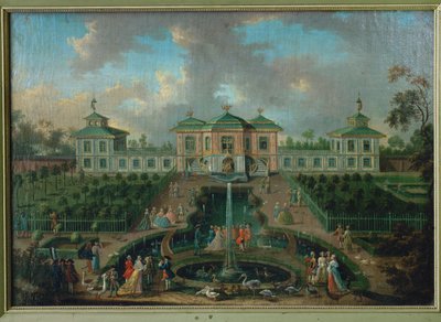 Życie dworskie w parku pałacu Augustusburg wokół Domu Indyjskiego, widok od zachodu ... autorstwa Franz Jakob Rousseau