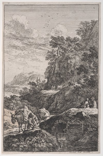 Tablica 1: wieśniak sprawdzający kopyto swojego muła nad strumieniem, z „Krajobrazy w t…, ok. 1930”. 1700-25. autorstwa Franz Joachim Beich