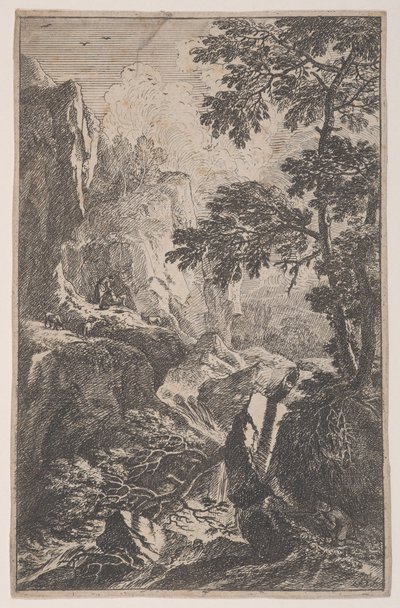 Ilustracja 2: myśliwy celujący z pistoletu, klęczący przy dużym głazie po prawej stronie, ma..., ca. 1700-25. autorstwa Franz Joachim Beich