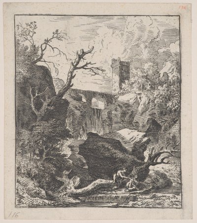 Ilustracja 2: dwie postacie siedzące na pniu drzewa nad brzegiem strumienia na pierwszym planie,..., ca. 1700-25. autorstwa Franz Joachim Beich