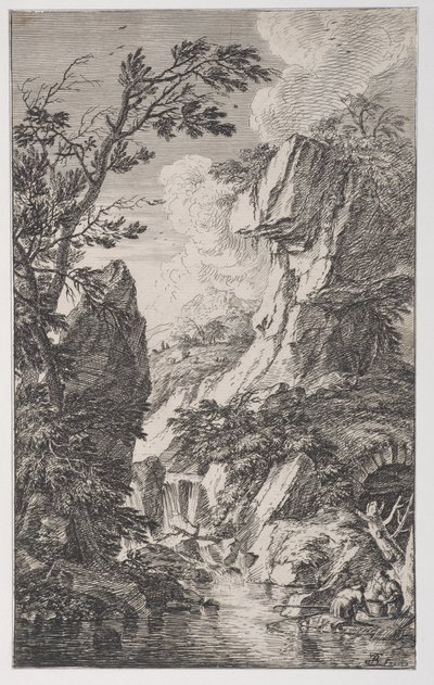 Ilustracja 4: dwóch rybaków na brzegu potoku po prawej, pośrodku wodospad, od..., ok. godz. 1700-25. autorstwa Franz Joachim Beich