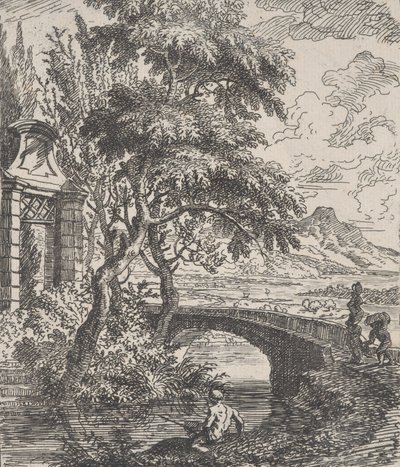 Tablica 7: dwie postacie po prawej, tuż przed przekroczeniem kamiennego mostu, rybak w..., ca. 1700-25. autorstwa Franz Joachim Beich