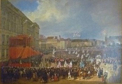 Hołd dla Fryderyka Wilhelma IV przed Pałacem Miejskim w Berlinie autorstwa Franz Krüger