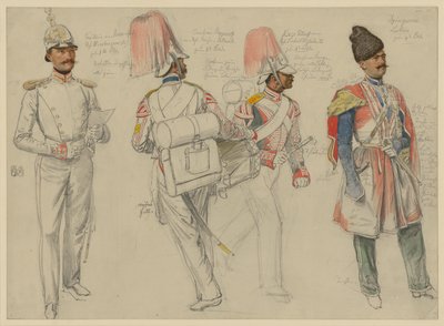 Kossacowski, kapitan pułku Preobrażenskiego; Steppanoff, tamburynista pułku Cesarza Austrii; Petroff, flecista pułku Fryderyka Wilhelma III; Dgingosow, Leskier autorstwa Franz Krüger
