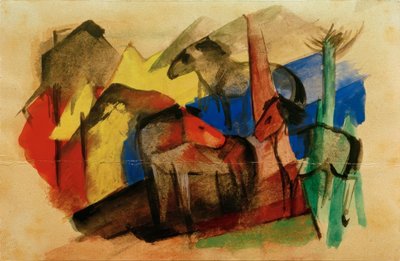 Trzy konie w krajobrazie z domami autorstwa Franz Marc