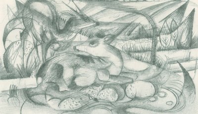 Jeleń i łania w pierwotnym krajobrazie autorstwa Franz Marc