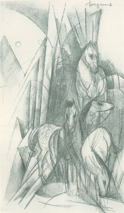 Kompozycja koni i abstrakcyjnych kształtów autorstwa Franz Marc