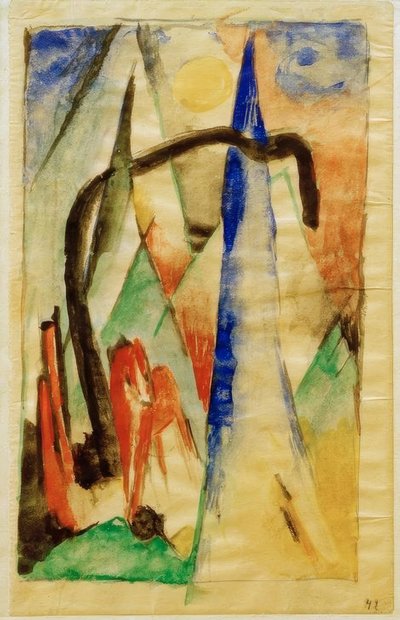 Koń w krajobrazie o spiczastych kształtach autorstwa Franz Marc