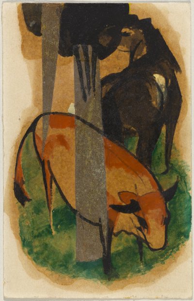 Czerwony koń i żółte bydło (czarno-brązowy koń i żółte bydło), pocztówka z Sindelsdorfu do Alfreda Kubina w Wernstein/Zwickledt autorstwa Franz Marc